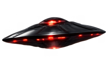 Unidentified flying object (ufo) with red lights hovering, representing alien technology and science fiction concept