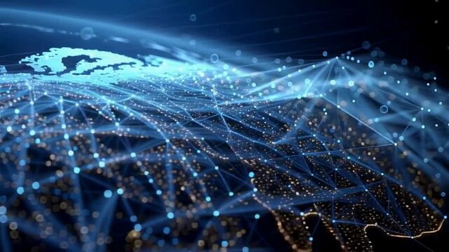 Global network connections visualized as a digital web overlay on the Earth.