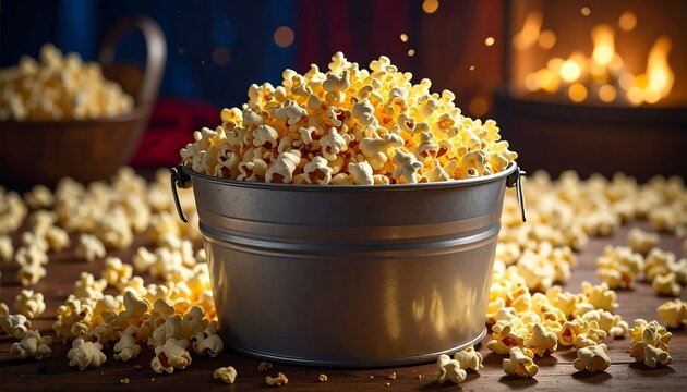 A silver bucket overflows with popcorn, scattered on a wooden surface with a blurred, warm background - Powered by Adobe