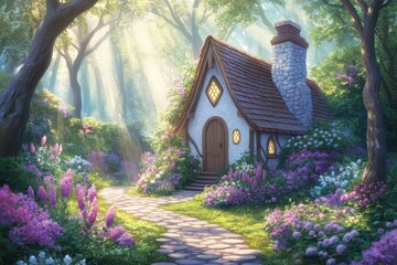 Enchanting Cottage in a Dreamy Landscape: A whimsical cottage nestled in a vibrant garden, enveloped by a magical forest, radiates tranquility and charm.