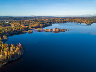 Aerial drone view of a calm lake reflecting a golden autumn forest. Scenic nordic landscape with vibrant fall foliage, still water, and a thin layer of morning mist on the horizon