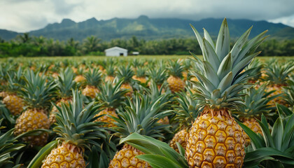 Fototapeta premium Pineapple field with ripe golden fruit rows extending to distant mountains at sunset
