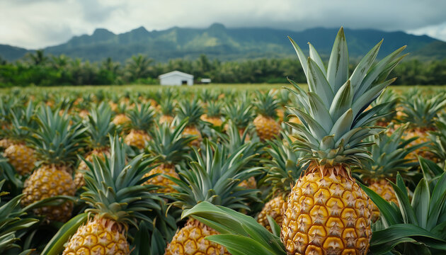 Pineapple field with ripe golden fruit rows extending to distant mountains at sunset