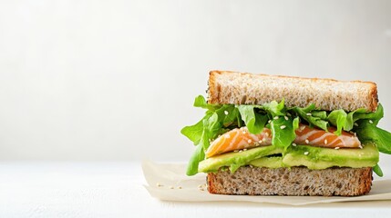 Delightful Sandwich: A close-up view of a scrumptious sandwich showcases a layered composition of succulent salmon, creamy avocado, vibrant arugula, and toasted bread, all poised on a parchment paper.