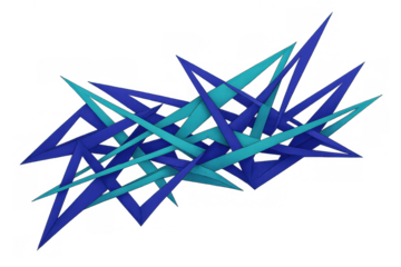 Abstract geometric intertwining blue and teal sharp elements on a transparent background, creating a dynamic visual design