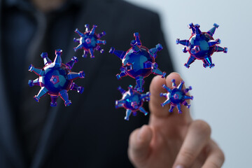 3D render of coronavirus particles interacting with a finger, highlighting concepts of virus, illness, and med