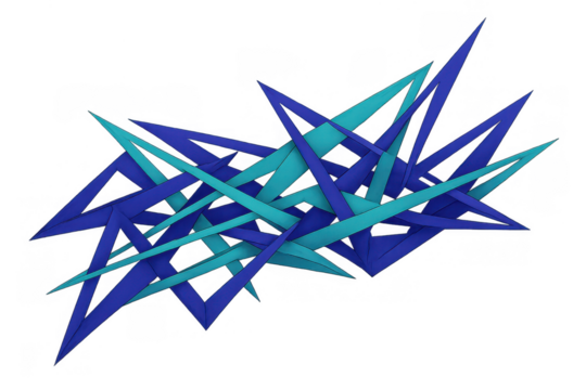 Abstract geometric intertwining blue and teal sharp elements on a transparent background, creating a dynamic visual design - Powered by Adobe