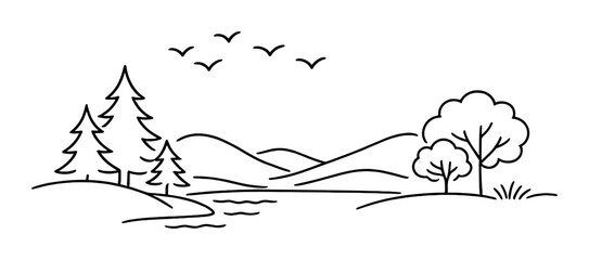 Fototapeta premium Minimalist black and white landscape with trees and birds in flight