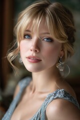 a young woman with blonde hair and blue eyes, soft focus, natural lighting, a dreamy look on her face