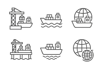 Line art icons of cargo ships and cranes in maritime transport set