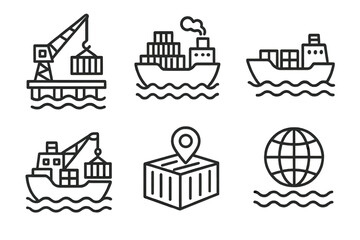Outline icons of cargo ships, cranes, and global shipping logistics