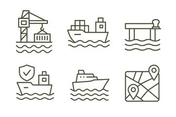 Icon set of maritime logistics: cargo ships, dock, and map symbols
