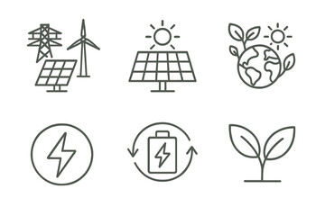 Renewable energy icons featuring solar panels, wind turbine, and eco-friendly symbols