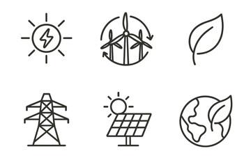 Renewable energy icons: solar, wind, leaf, power lines, earth