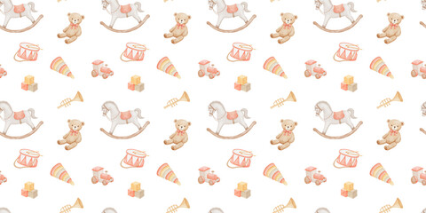Seamless pattern with vintage bear, horse on white background, hand drawn watercolour illustrations for nursery or textile