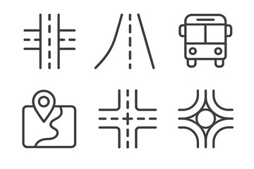 Transportation icons: roads, map, bus, intersection, roundabout line art