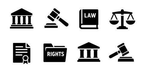 Law and justice icon collection in black. Set includes courthouse, judge gavel, law book, justice scale, legal document and rights folder icons