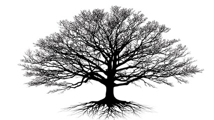 Silhouette of Bare Tree With Extensive Root System On Photo White Background branches roots