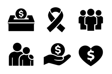 Charity and donation icon collection in black. Set includes donation box, support ribbon, community group, family care, helping hand and heart finance icons
