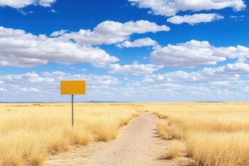 Path to Destination: An inviting pathway leads towards an empty yellow sign set against a vast open field beneath a sky filled with fluffy clouds, symbolizing potential and direction.
