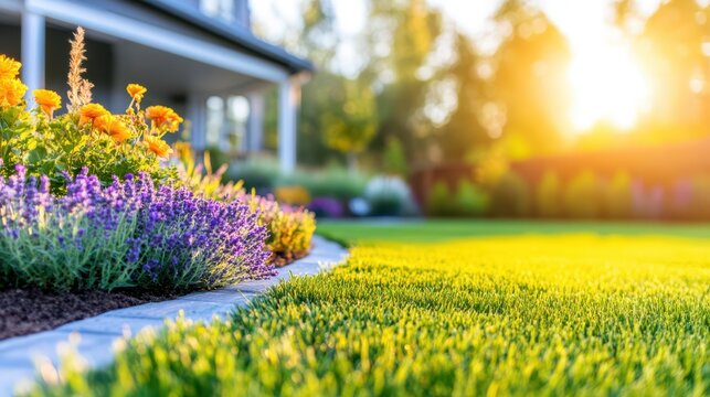 Garden Oasis in Morning: A picturesque home garden flourishes with vibrant flora and manicured lawn bathed in the soft glow of morning sunlight, exuding tranquility.