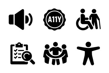 Accessibility inclusion icon collection in black. Set includes sound, accessibility badge, wheelchair assistance, audit search, community group, universal person