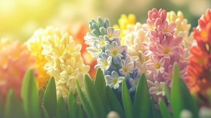 Floral tapestry: A vibrant arrangement of hyacinths under gentle sunlight ambience