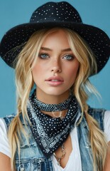 a beautiful blonde woman wearing a black hat, a white top, and a denim vest with necklaces and bracelets, posing in front of a grey polka dot background