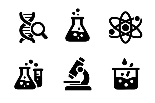 Science research icon collection in black. Set of dna analysis, laboratory flask, atom, chemistry glassware, microscope and experiment icons