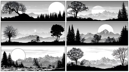 Six Photo Black And White Silhouetted Landscapes With Mountains And Trees nature monochrome
