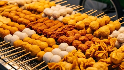 Fresh market tulips stand near a gourmet display of delicious grilled meats and healthy snacks for a tasty outdoor lunch