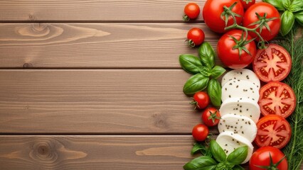 Tomatoes, Basil, and Mozzarella on Wood: A vibrant arrangement of ripe tomatoes, fragrant basil leaves, and creamy mozzarella cheese slices, artfully displayed on a rustic wooden surface.