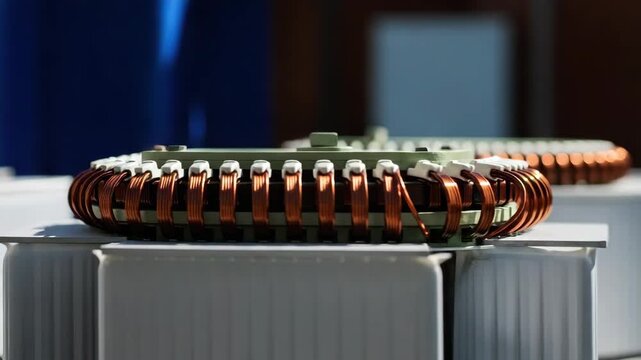 Close-up of a copper coil winding on an electrical transformer. Industrial manufacturing of high-voltage power equipment for energy distribution