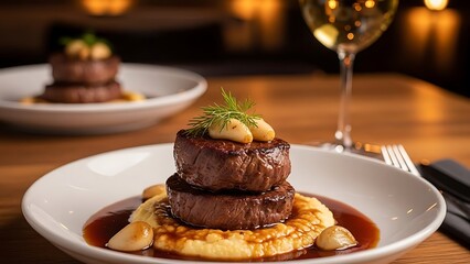 Delicious gourmet dessert of fresh baked chocolate cake with nuts on a white plate served as a sweet meal