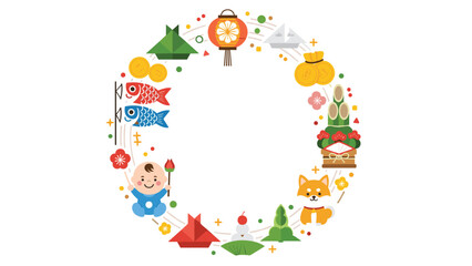 Fototapeta premium A festive circular wreath frame composed of various cute Japanese lucky charms and traditional festival icons on a white background.