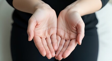 Open Hands Offering: A close-up shot captures open hands, gracefully cupped and extended forward, symbolizing generosity, offering, or receiving. This image evokes feelings of compassion, support.