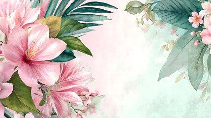 Soft Pink Flowers and Green Leaves Watercolor Border floral Photo