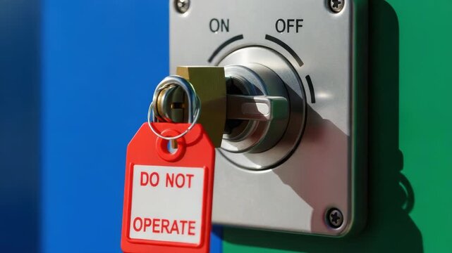 Lockout-tagout safety procedure with a padlock on an industrial switch. A red "Do Not Operate" tag for equipment maintenance. Electrical safety and hazard prevention concept