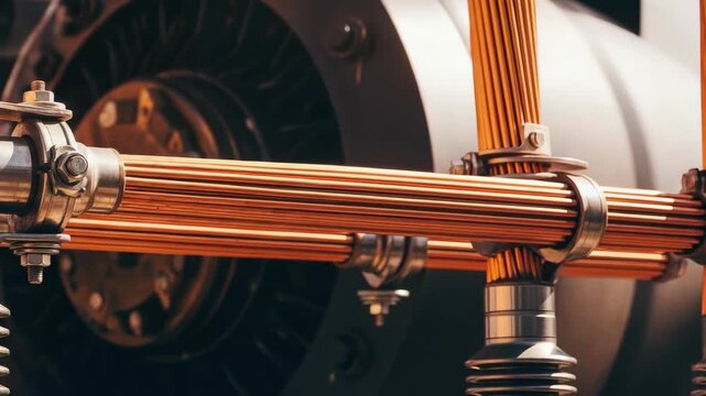 Close-up of thick copper wires on a powerful industrial machine. Detailed view of electrical conductors and connectors. Power generation and heavy industry technology