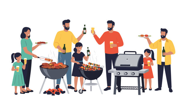 A happy group of diverse friends and family enjoying a summer barbecue party together, grilling food and drinking in the outdoors.