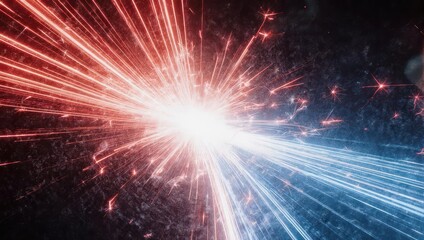 Dynamic Light Explosion with Red and Blue Streaks on Black Background.