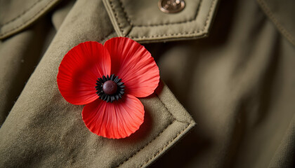 Red poppy flower pin on military jacket fabric close-up