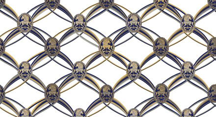 Fototapeta premium An intricate, elegant seamless pattern features a repeated geometric design with intertwined gold and dark blue lines, creating a sophisticated and luxurious visual texture.