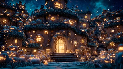 Spooky Halloween Village with Jack-o'- Lantern Houses haunted Photo