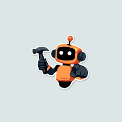 Fototapeta premium Orange cool robot worker mascot with hammer sticker on gray background