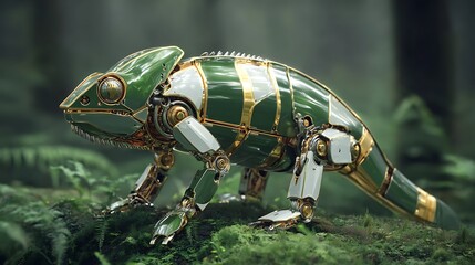 Steampunk Chameleon in a Lush Green Forest Setting robot mechanical Photo
