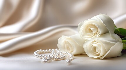 Three pristine white roses rest near a string of lustrous pearls on soft satin fabric