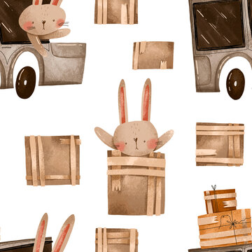 Cartoon buny drive postal delivery van with orders. Hand drawn seamless pattern for post office. Happy easter day, rabbit delivery, cute bunny