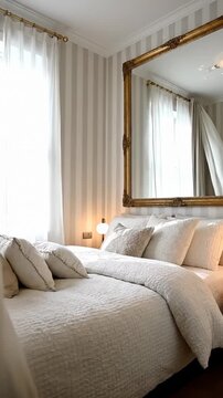 Elegant Bed With Pillows and Mirror in a Luxury Room