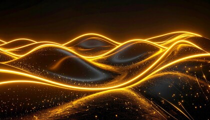 Abstract undulating terrain of dark hills illuminated by flowing amber lines, with sparkling accents, against a black background
